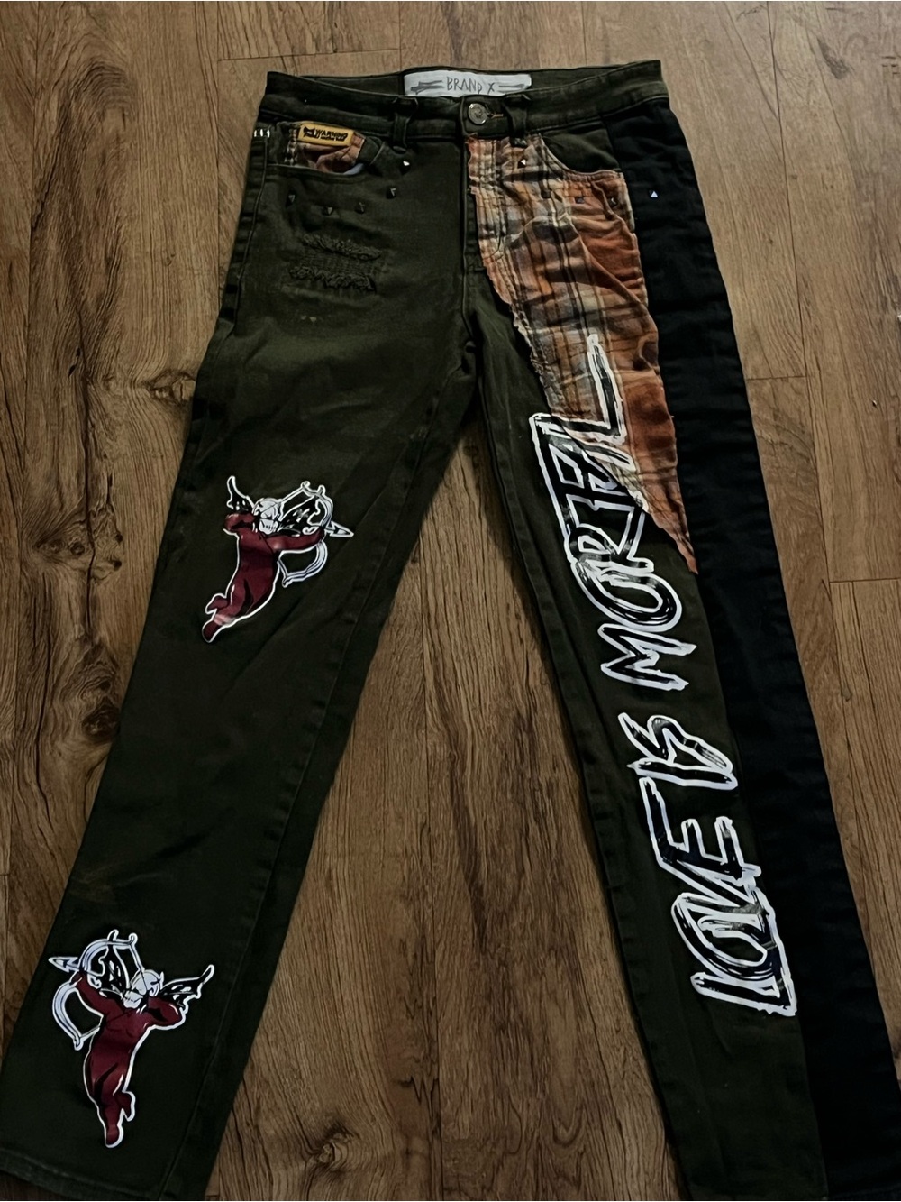 BRAND X Men's Olive & Black Skinny Jeans with Graphic Panels